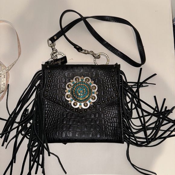 Raviani Fringe Satchel Bag In Black Alligator Embossd Leather Crystal Flower NWT - Picture 7 of 14